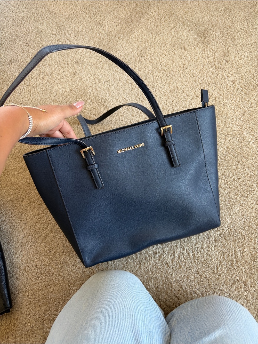 Michael Kors Navy Saffiano Leather Tote with Gold Hardware